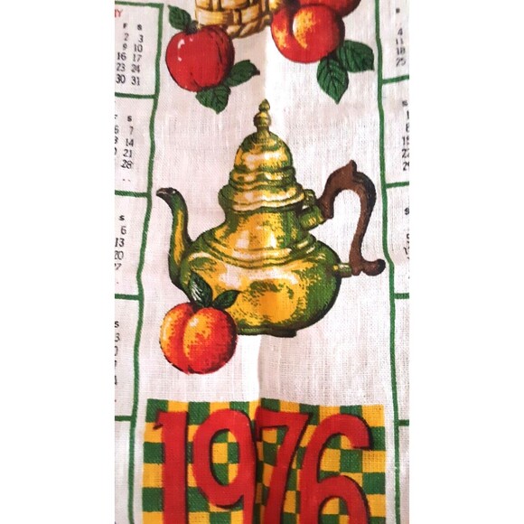 Wall Calendar 1976 Linen Kitchen Tea Towel 16x27 Peaches Teapot Flowers Blessing - Picture 10 of 12